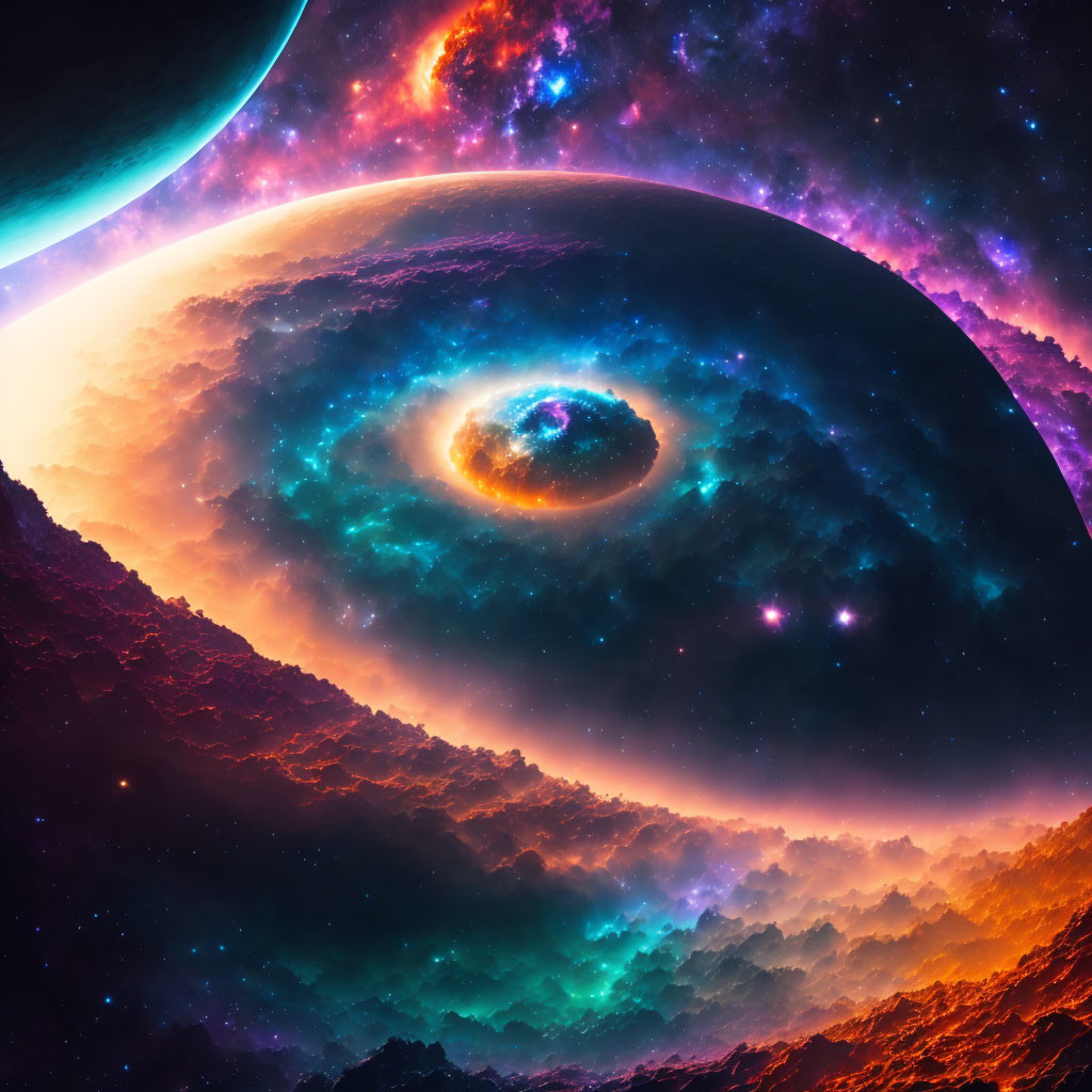 Colorful cosmic digital artwork: nebula, galaxy, planets, illuminated rocks