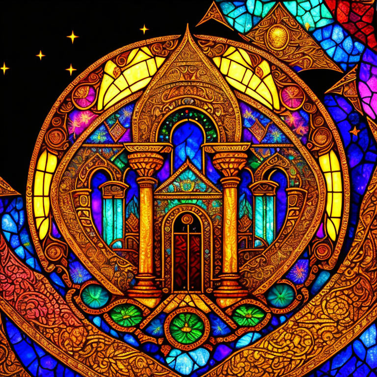 Colorful stained glass style illustration with intricate patterns and fantastical architectural design