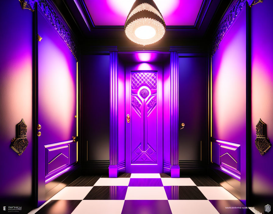 Luxurious Purple Hallway with Checkered Floors and Glowing Doors