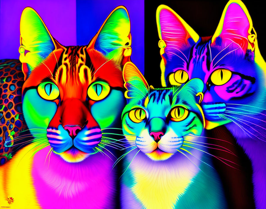 Colorful Psychedelic Digital Artwork: Four Cats with Exaggerated Features on Neon Background