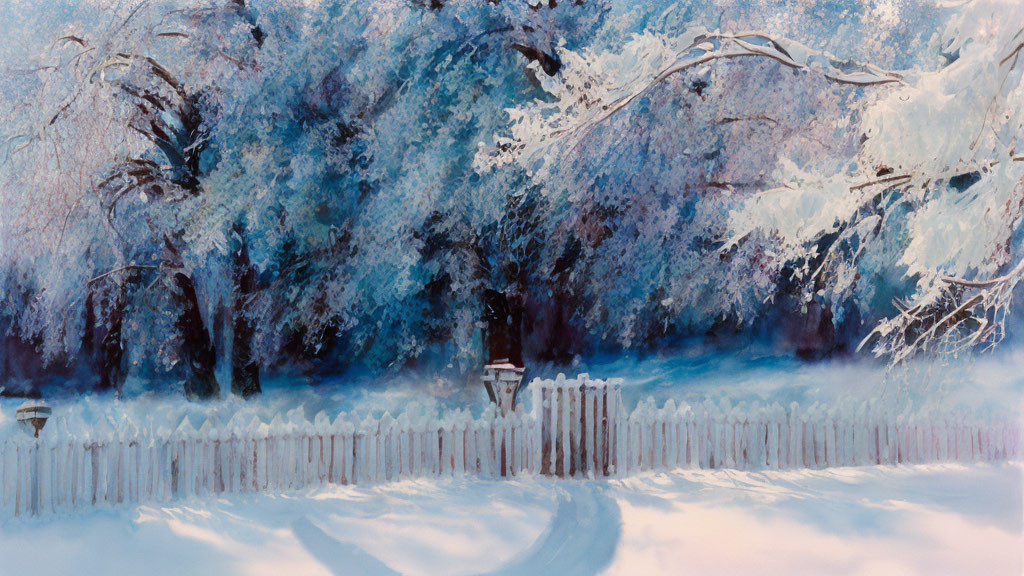 Snowy Trees Landscape Painting with Picket Fence & Snow Tracks