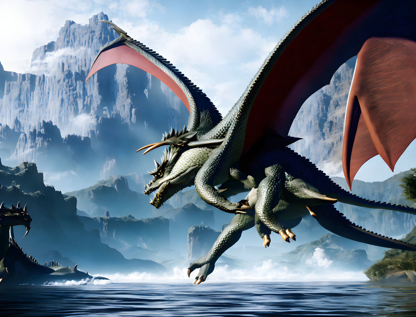 Majestic green dragon flying over serene water with misty cliffs