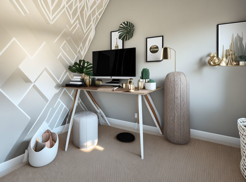 Modern home office with geometric wall, white desk, plants, art frames, organized shelves, and standing