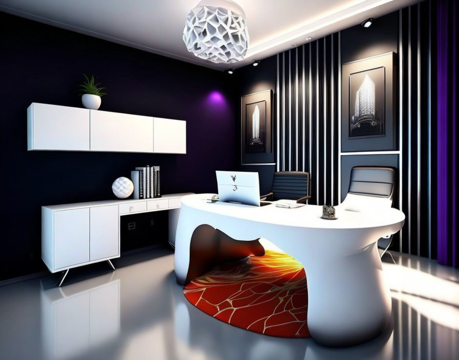 Contemporary Office with White Desk, Wall Shelves, and Purple Lighting