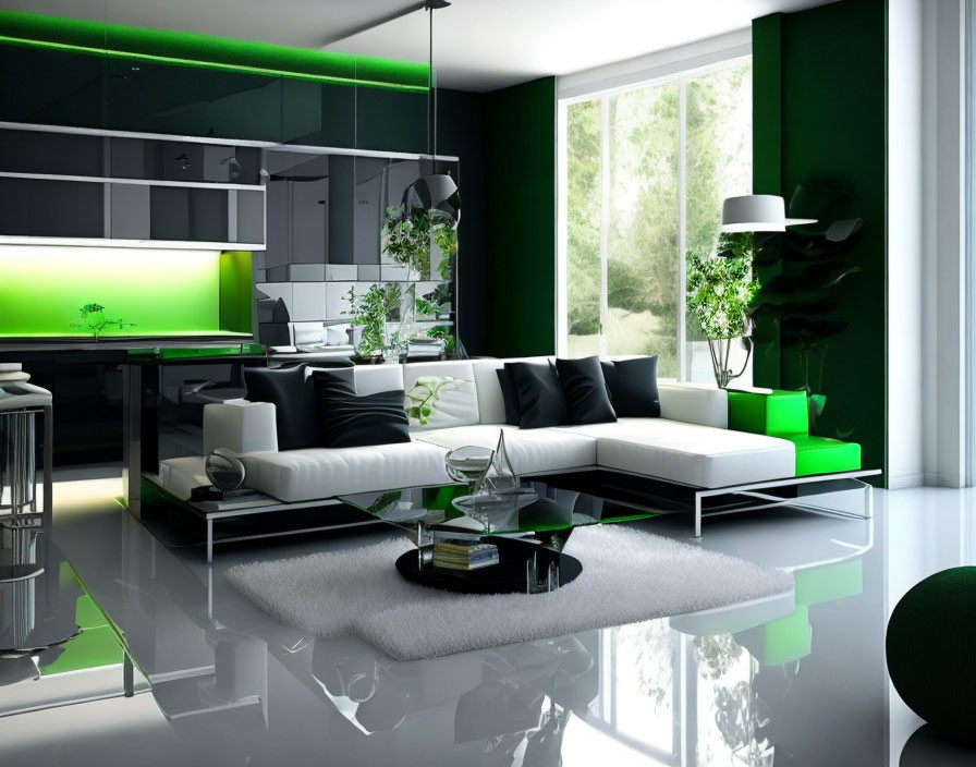 Contemporary Green and White Living Room with Sleek Furniture and Vibrant Lighting