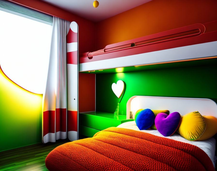 Colorful Hostel Room with Red Bunk Bed and Heart-Shaped Decor