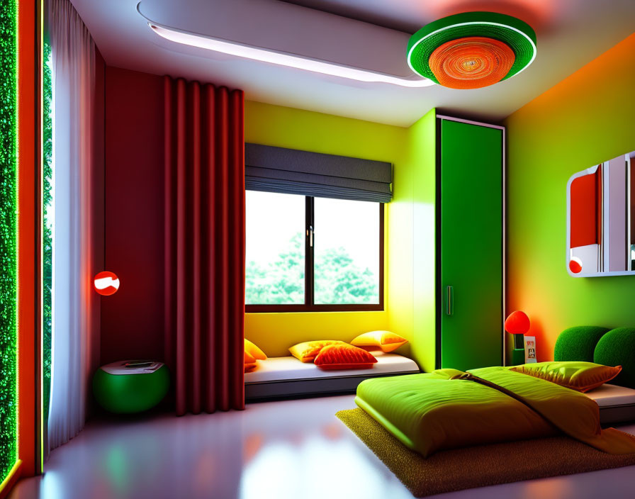 Colorful Modern Bedroom with Green Walls and Futuristic Design