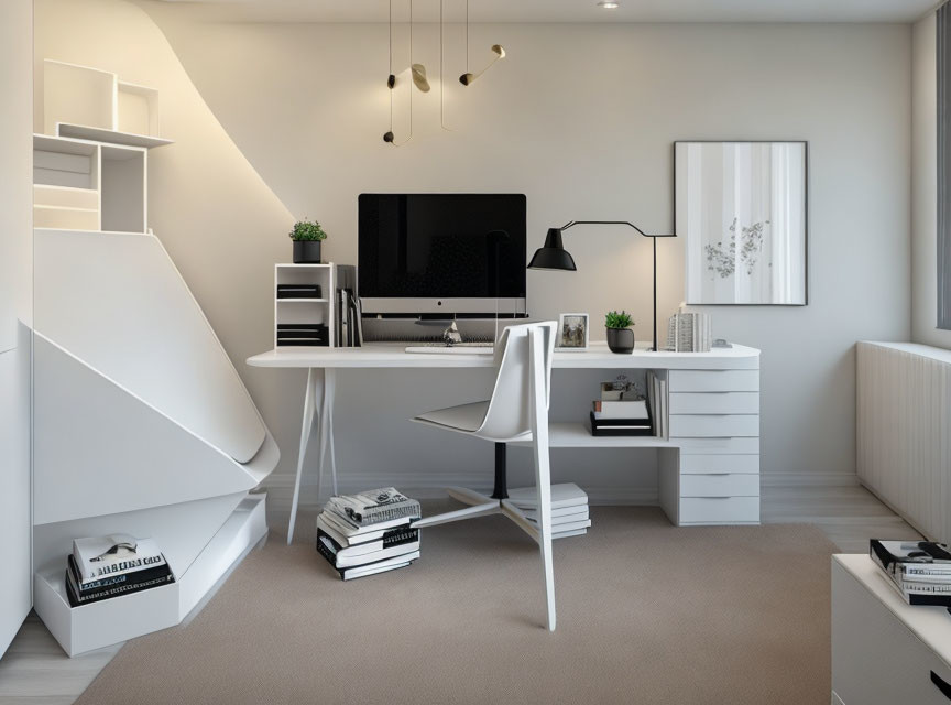 Contemporary Home Office with White Desk, Computer, Plants, Books, and Unique Staircase Shel