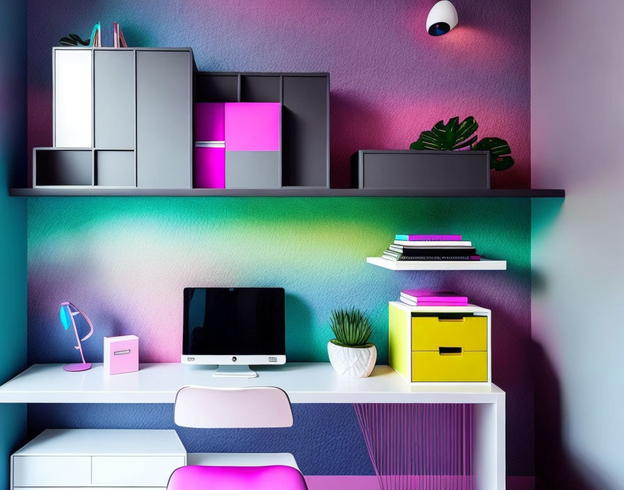 Colorful LED-lit modern workspace with computer, white desk, vibrant decor, plants, and shelves