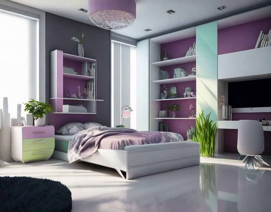 Contemporary Bedroom with Purple Walls and White Furniture