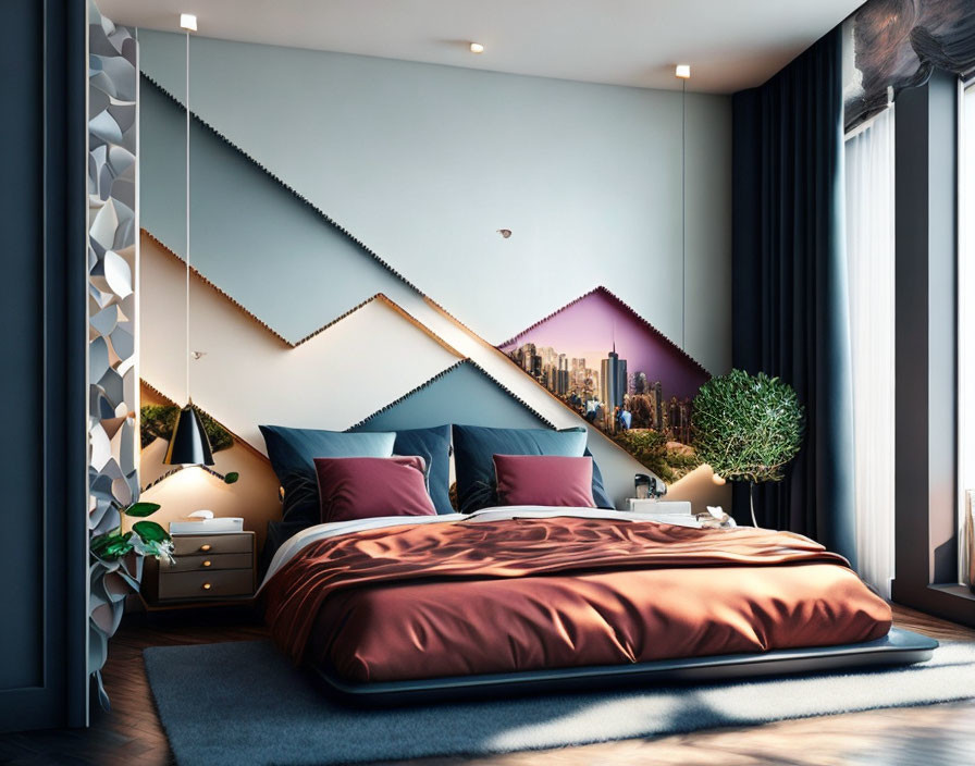 Contemporary bedroom with large bed, geometric wall design, cityscape mural, and green plant under soft