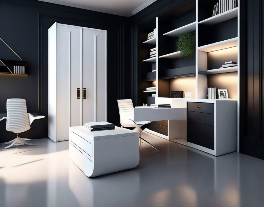 Contemporary Home Office with White Furniture and Black Walls