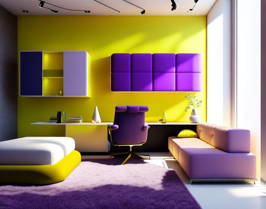 Vibrant yellow and purple living room with sleek white furniture