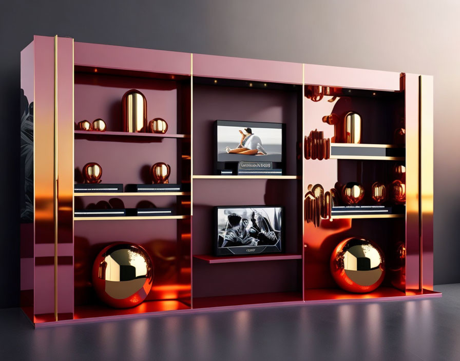 Contemporary illuminated shelving unit with gold accents and dual TV screens on dark background