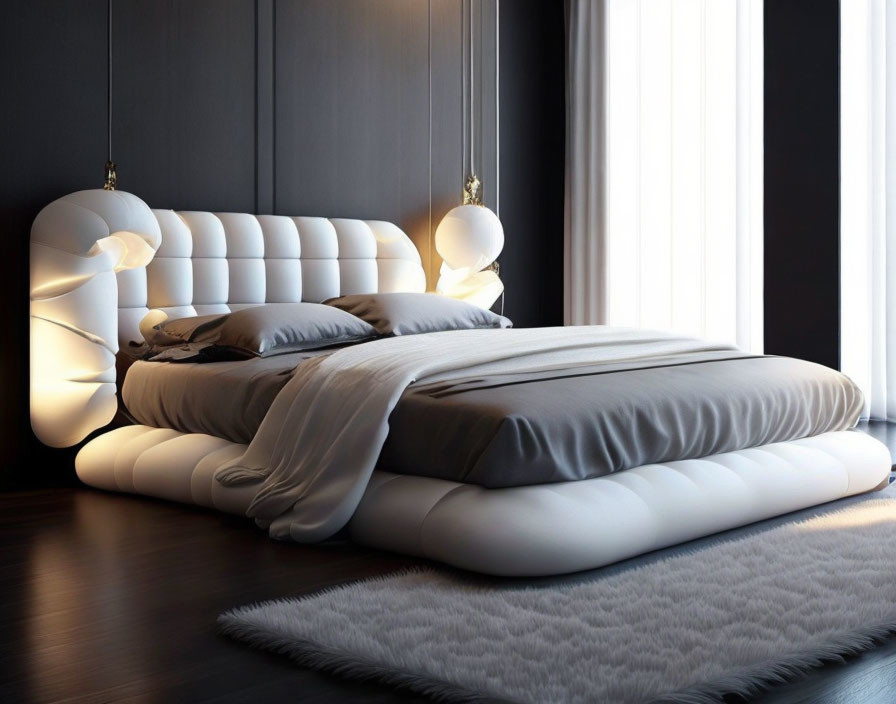 Modern Bedroom with Plush Bed, Bedside Lamps, Dark Wall, and Furry Rug