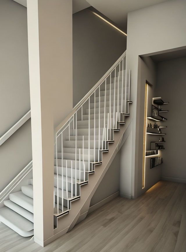 Modern staircase with white steps, metal railings, ambient lighting, and built-in shelf in minimalist interior