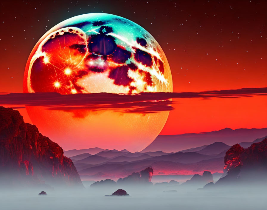 Vibrant planet over misty red mountains in fantasy landscape