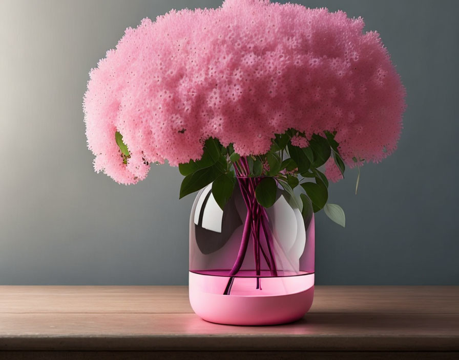 Pink Floral Arrangement in Modern Vase on Wooden Surface against Gray Backdrop