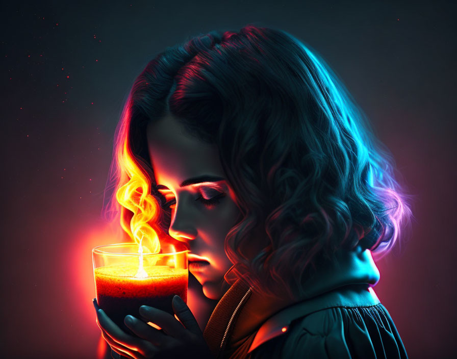 Curly-haired woman illuminated by neon lights holding a glowing candle