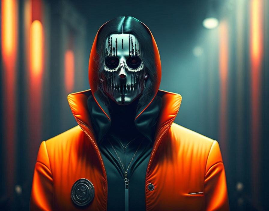 Skull mask and orange hooded jacket against red lights background