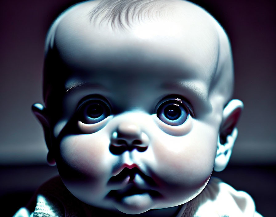 Close-up of doll with big blue eyes and surprised expression under dramatic lighting