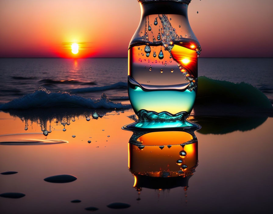 Sunset seaside bottle with liquid and waves reflection.