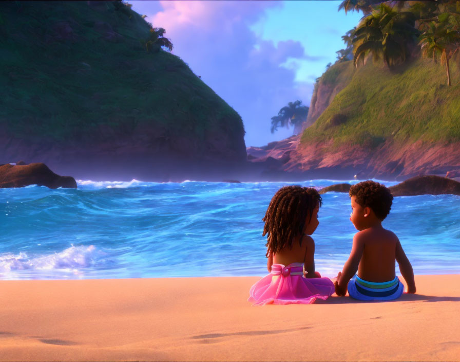 Animated children on beach at sunset with lush hill in background