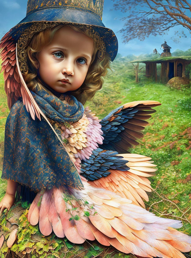 Child with angelic wings in hat and cloak against pastoral backdrop