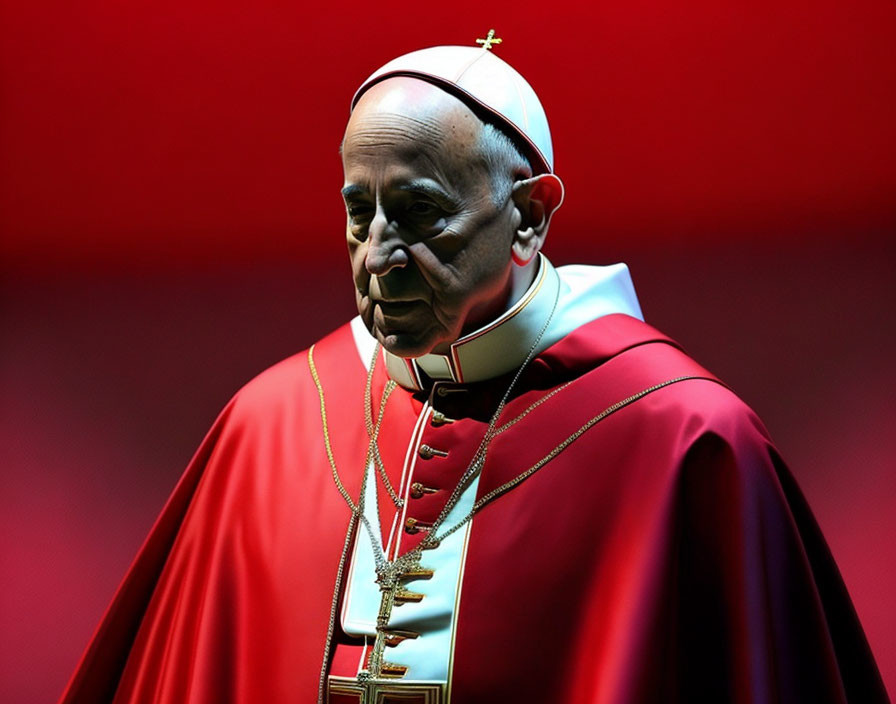 Religious Figure in Red and White Garments with Cross Necklace on Red Background