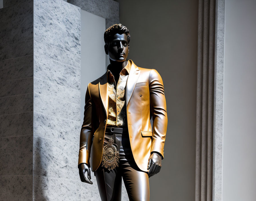 Stylish gold and black suit on mannequin in shadow and light setting