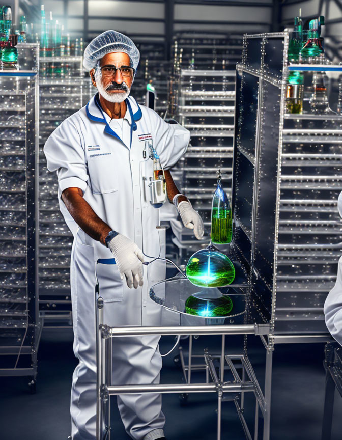 Scientist in Lab Coat Holding Petri Dish with Green Liquid