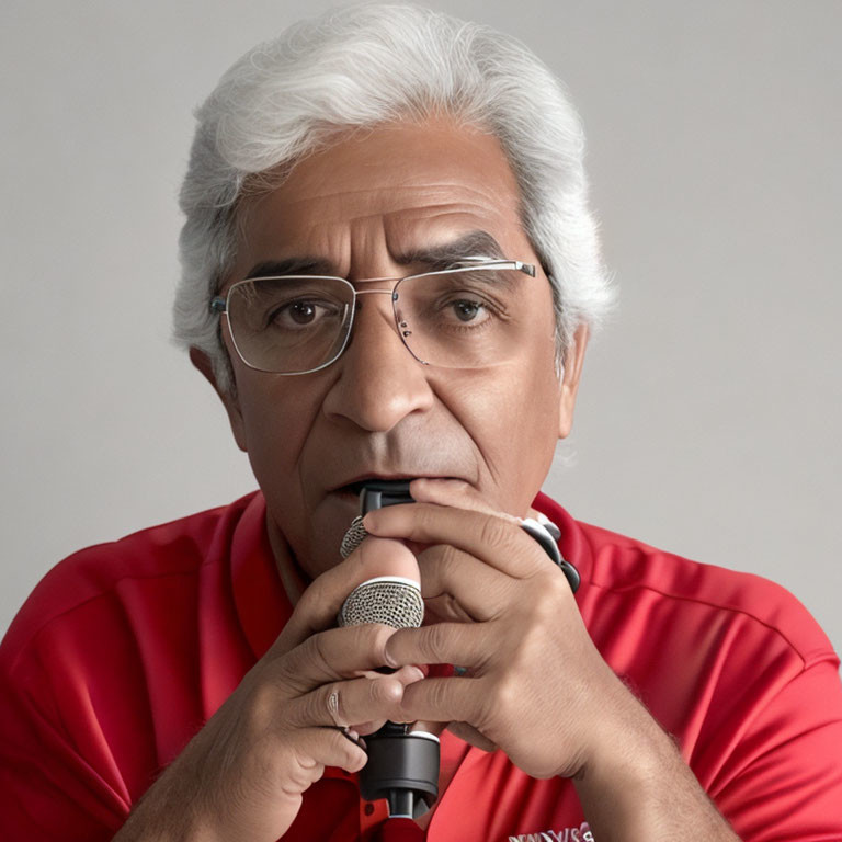 Elderly Man in Red Polo Shirt Holding Microphone