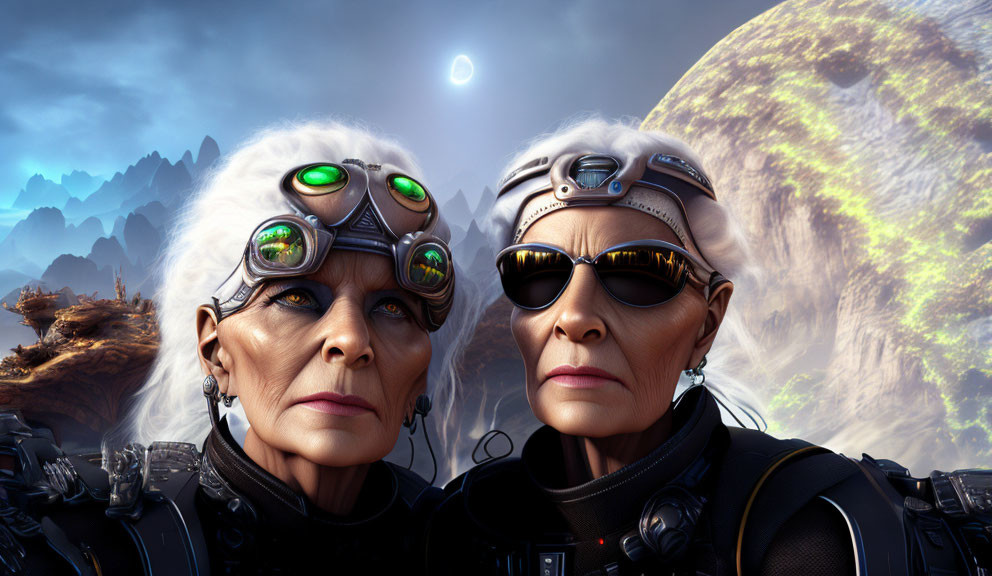 Elderly individuals in futuristic gear with cosmic landscape.