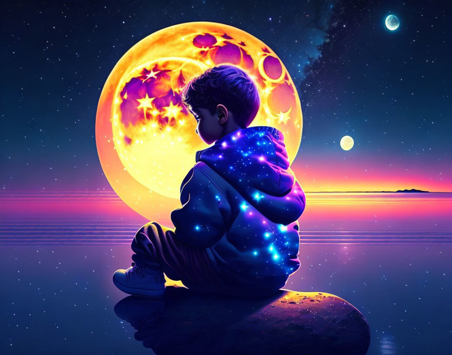 Child in cosmic-themed hoodie gazes at surreal moonlit scene