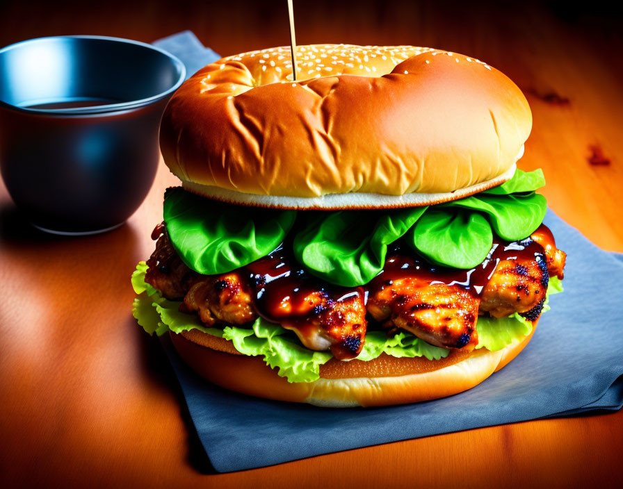 Succulent BBQ Chicken Burger with Lettuce and Sauce on Wooden Table