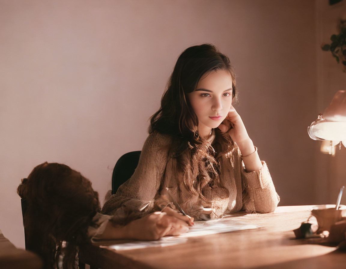 Person sitting at desk with papers under warm light