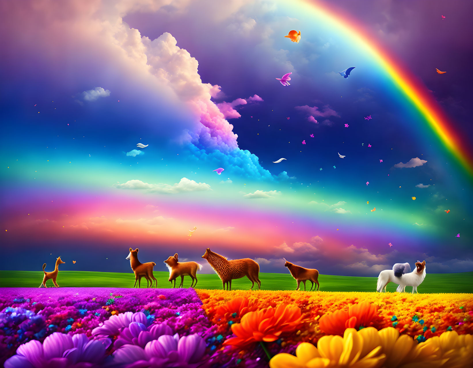 Colorful landscape with flowers, animals, birds, and rainbow