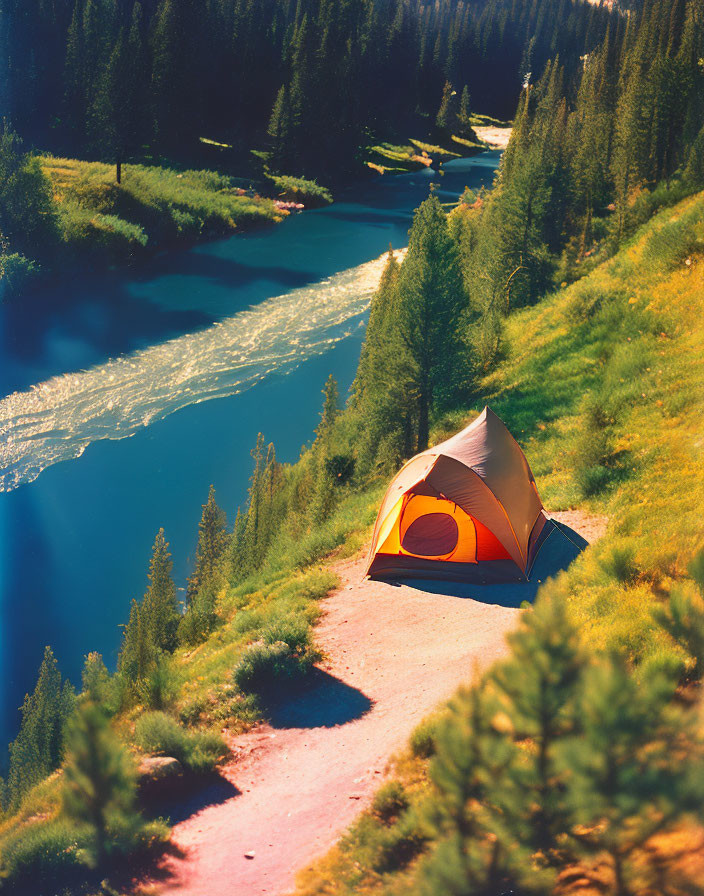 Riverside tent nestled in lush greenery at sunrise or sunset