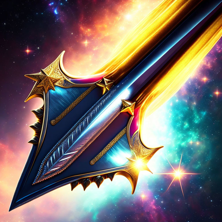 Elaborate Golden and Blue Fantasy Sword in Cosmic Setting