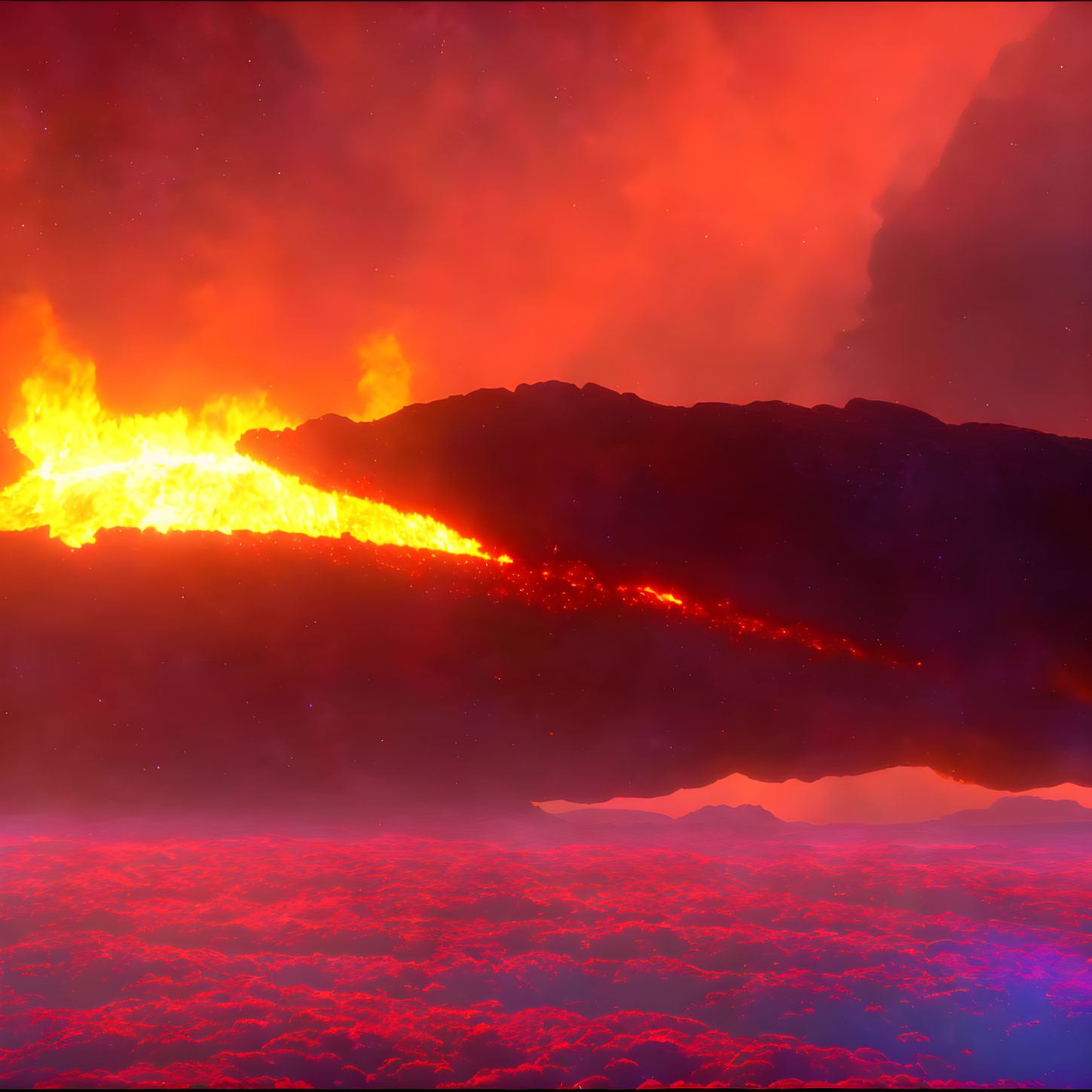 Volcanic eruption with molten lava and fiery sky captured.