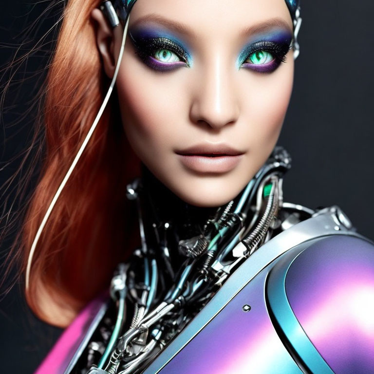Colorful humanoid robot with blue eyeshadow and orange hairpiece holding futuristic device