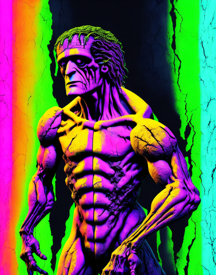 Muscular statue with headband in vibrant neon colors on cracked background