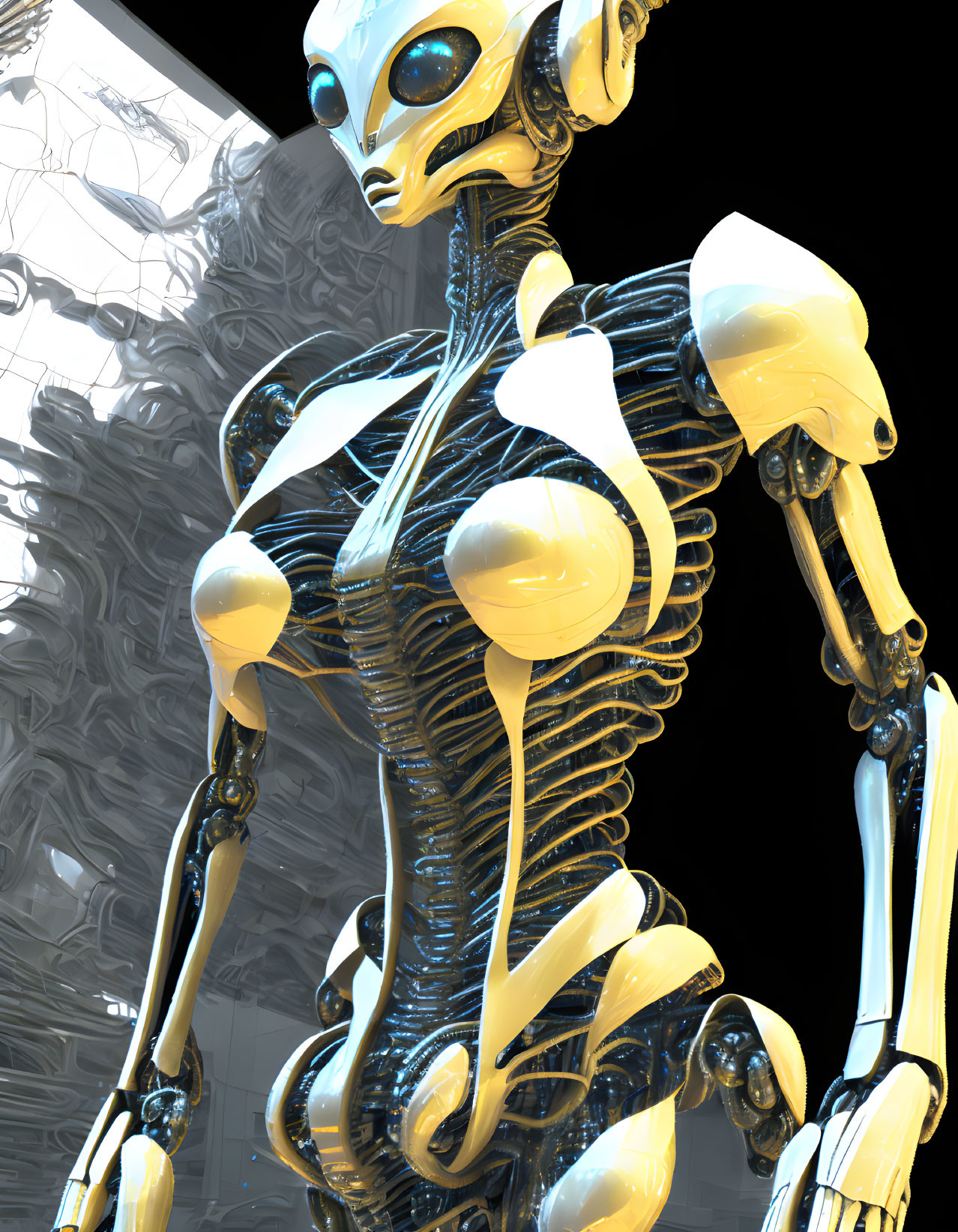 Shiny humanoid robot with detailed metallic design on neutral backdrop