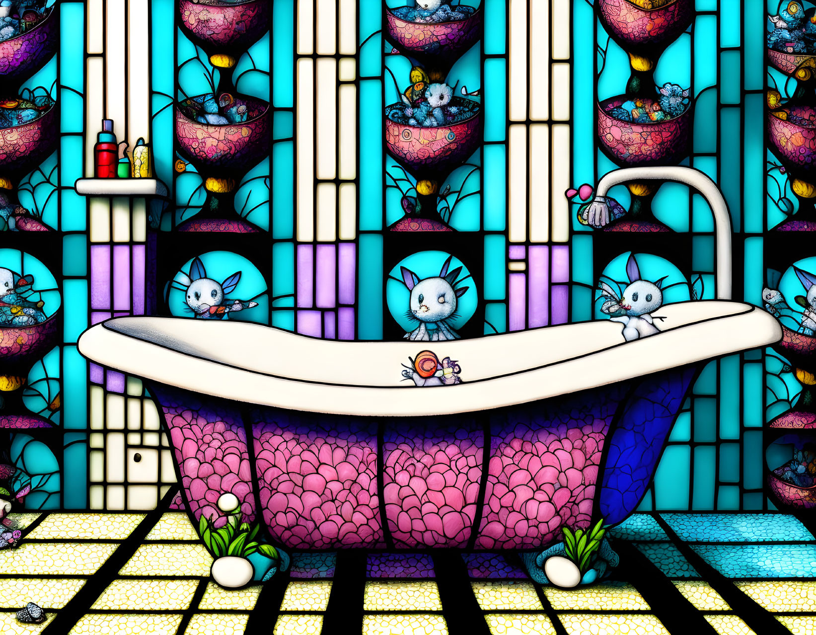 Vibrant stained glass bathroom with clawfoot tub and playful cartoon cats