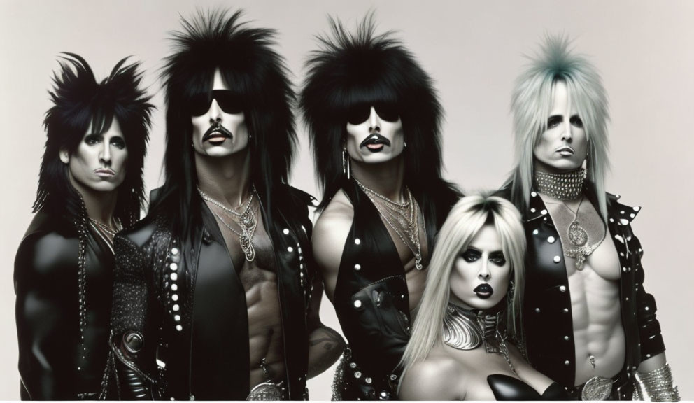 Six individuals in glam rock attire with spiked hair, leather, and studs