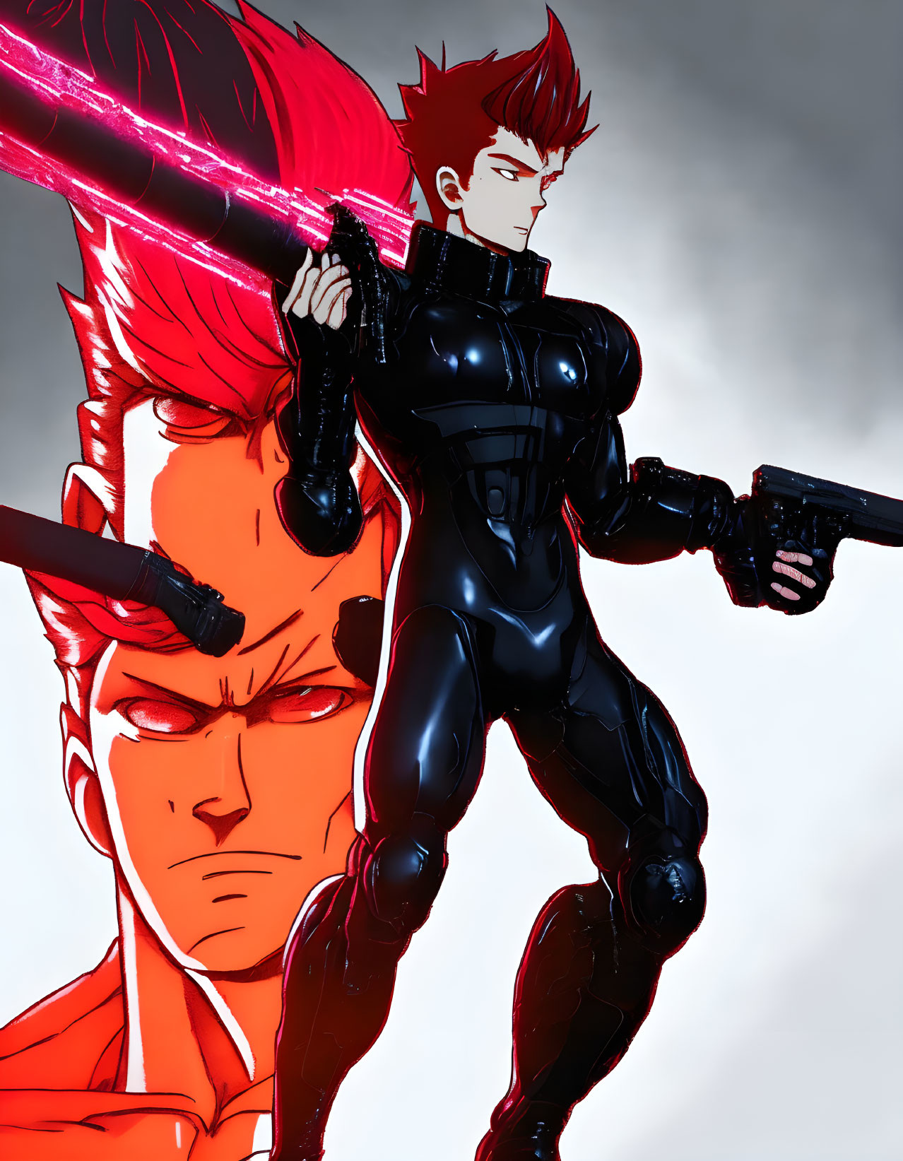 Red-haired animated character with energy sword and blaster in black bodysuit on red and grey background