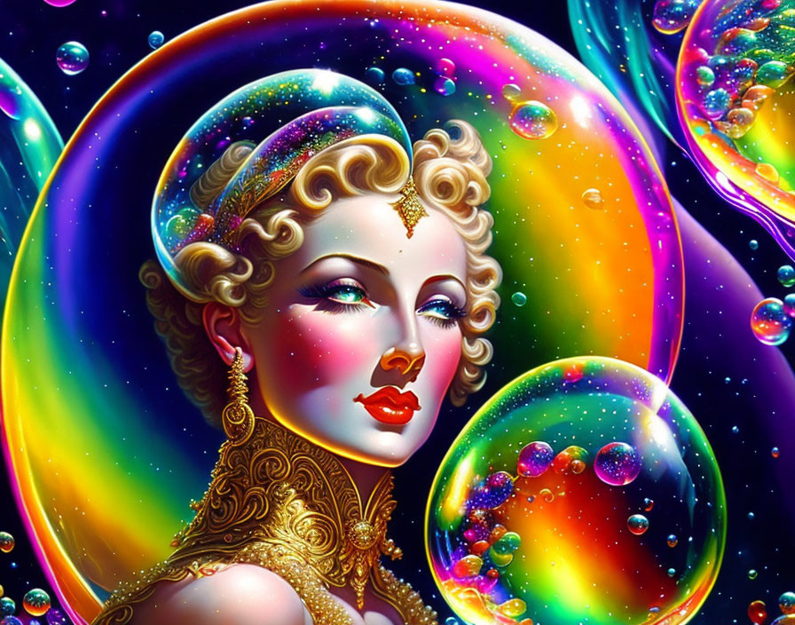 Colorful digital artwork: Woman with golden accessories in psychedelic bubbles