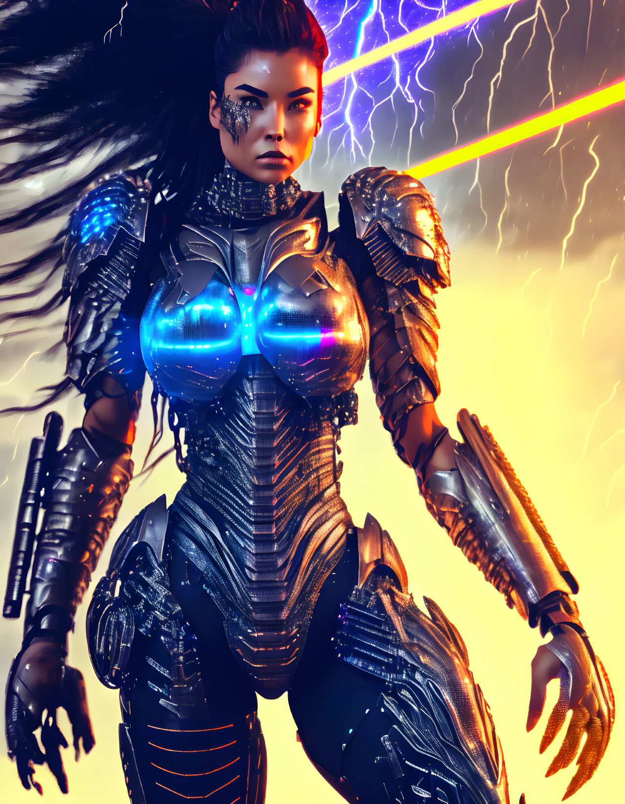 Cybernetic warrior in glowing armor under stormy sky with lightning