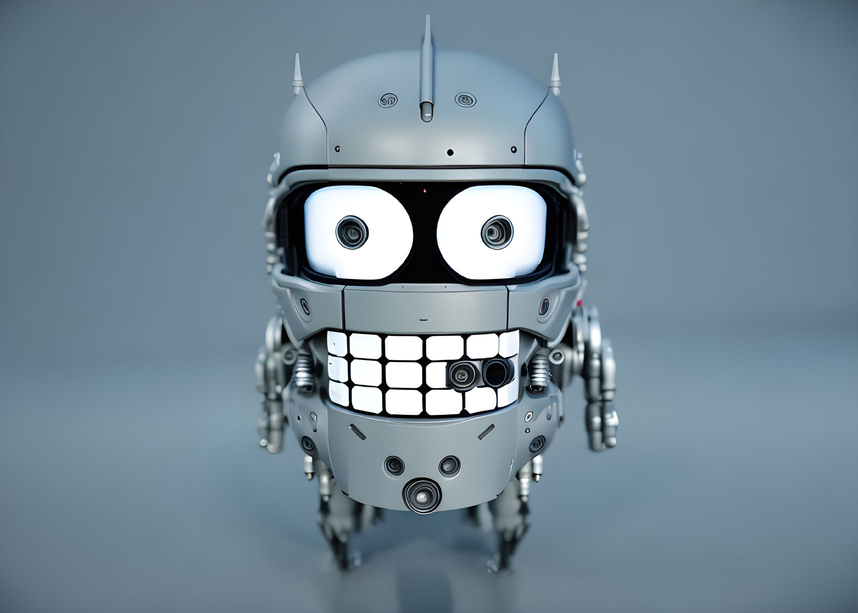 Whimsical silver robot head with googly eyes and toothy grin on blue background