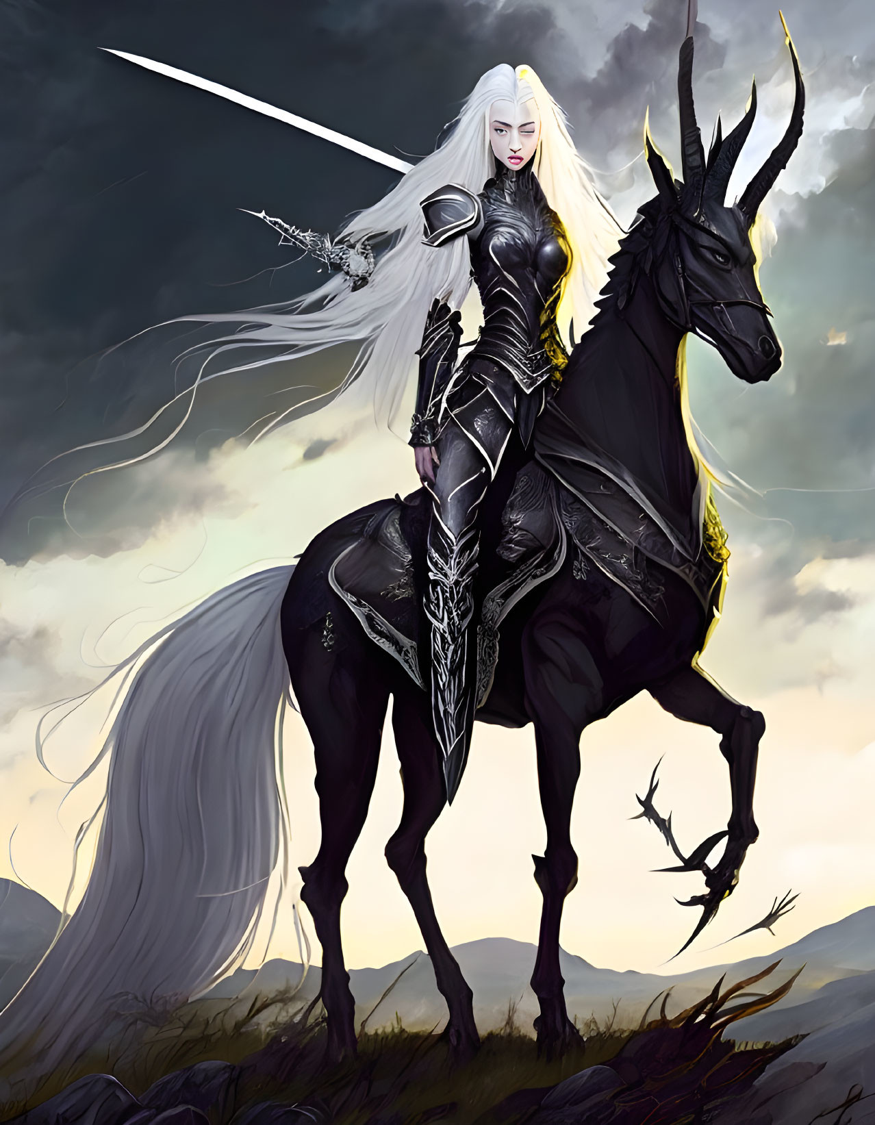 White-Haired Warrior on Black Steed in Stormy Scene